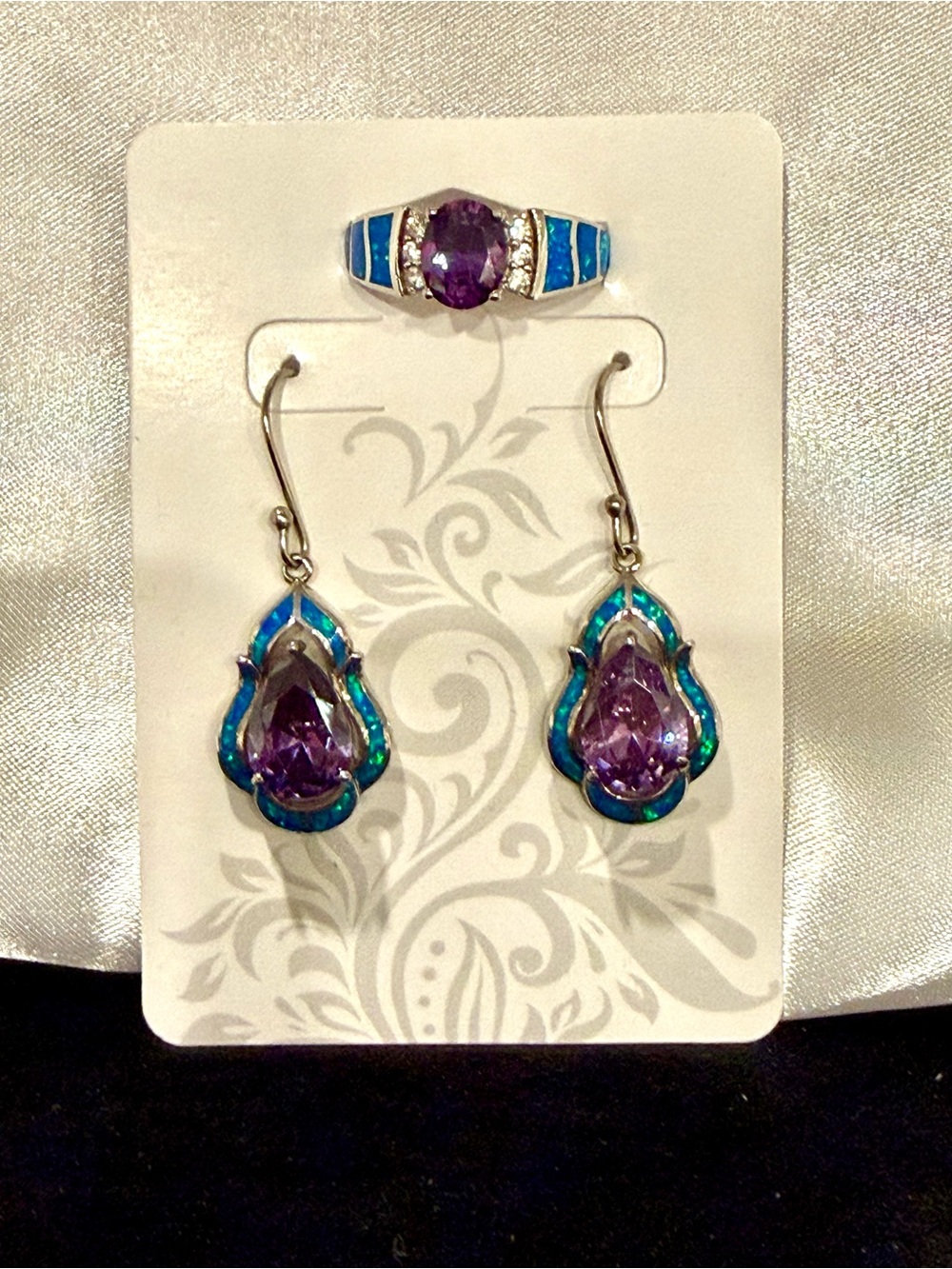 Vintage-Inspired Amethyst and Opal Inlay Earrings and Ring Sz 10 Set